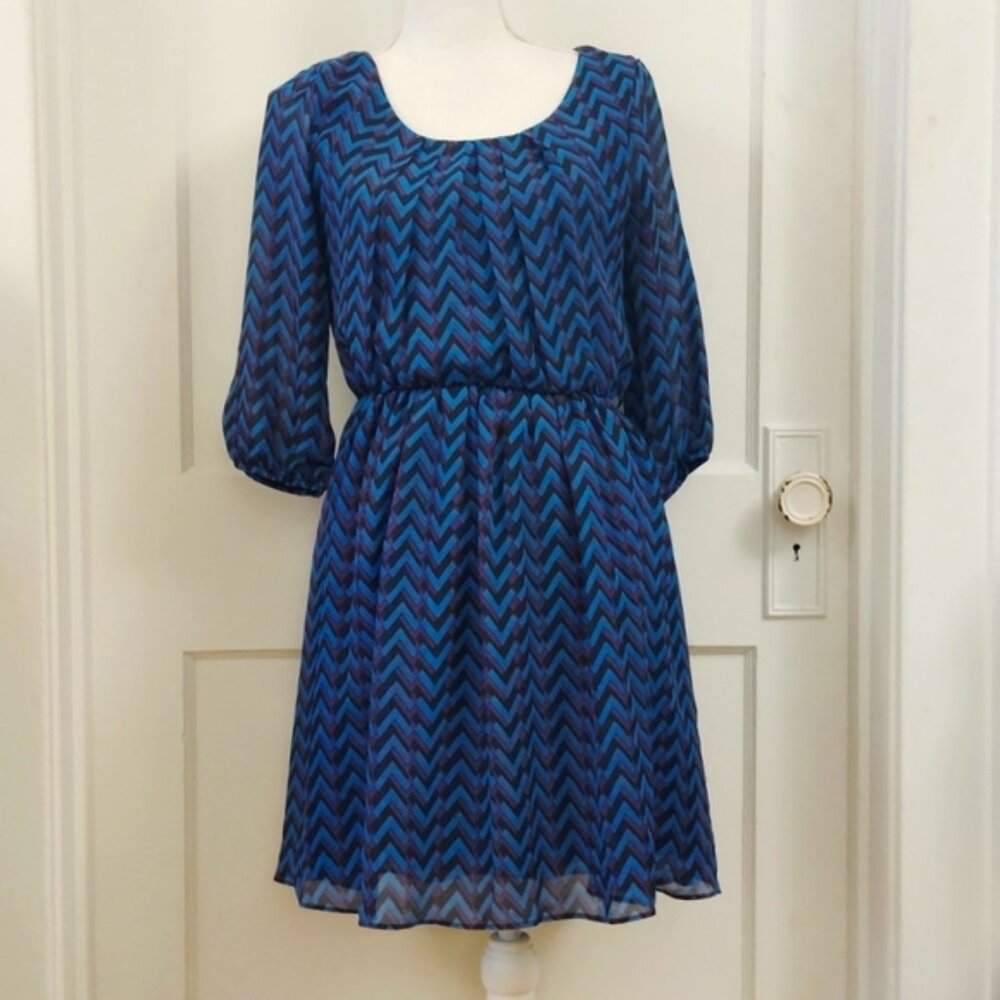 Blue, purple, and black pattern dress